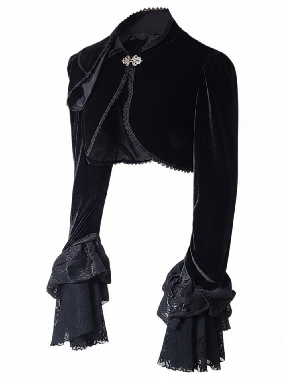 Black Velvet Hooded  Gothic Victorian Bolero Shrug Ornate Clasp Ruffle Sleeves S